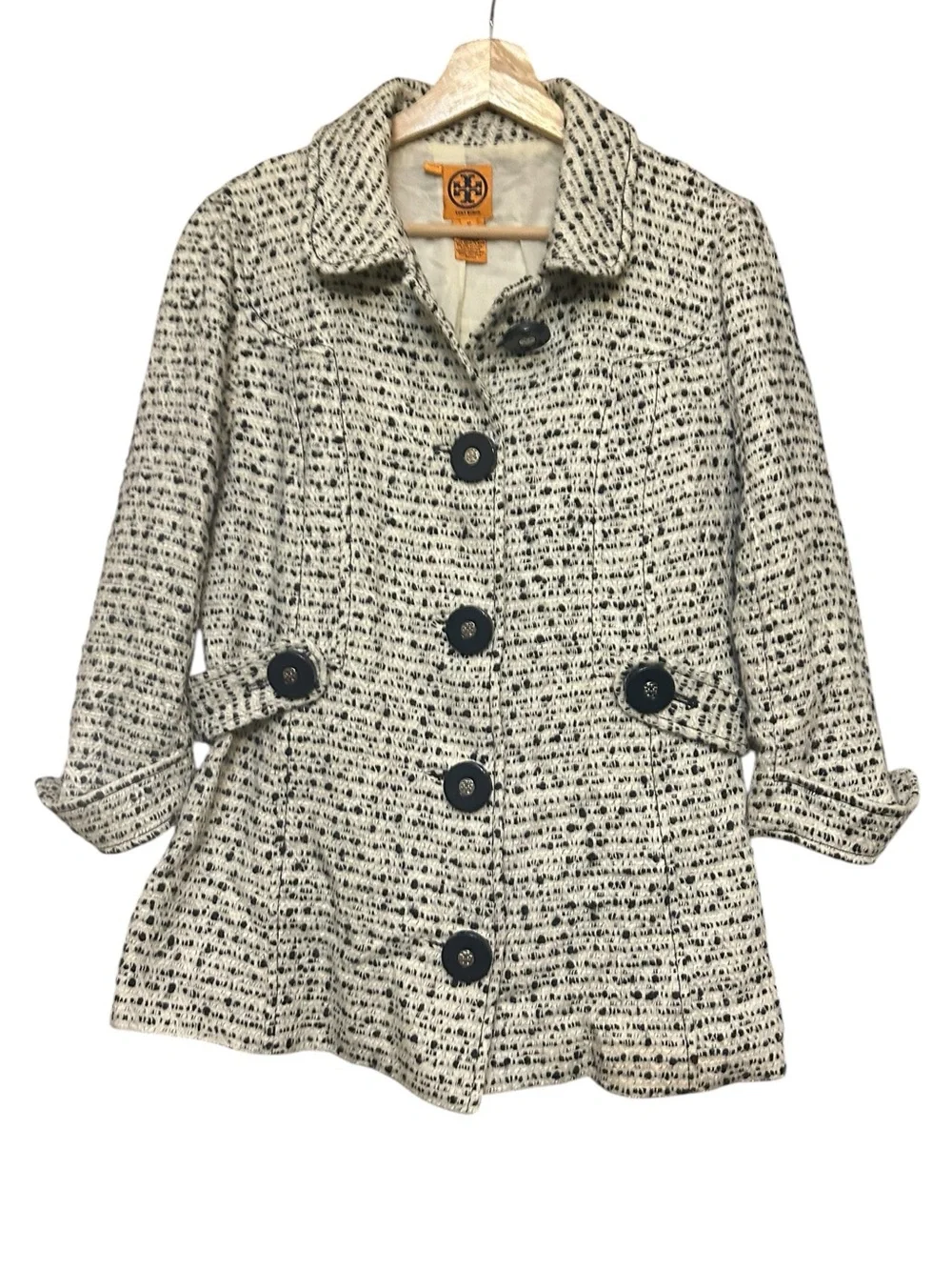 TORY BURCH Marled Wool Blend Tweed Blazer Jacket Signature Logo Buttons